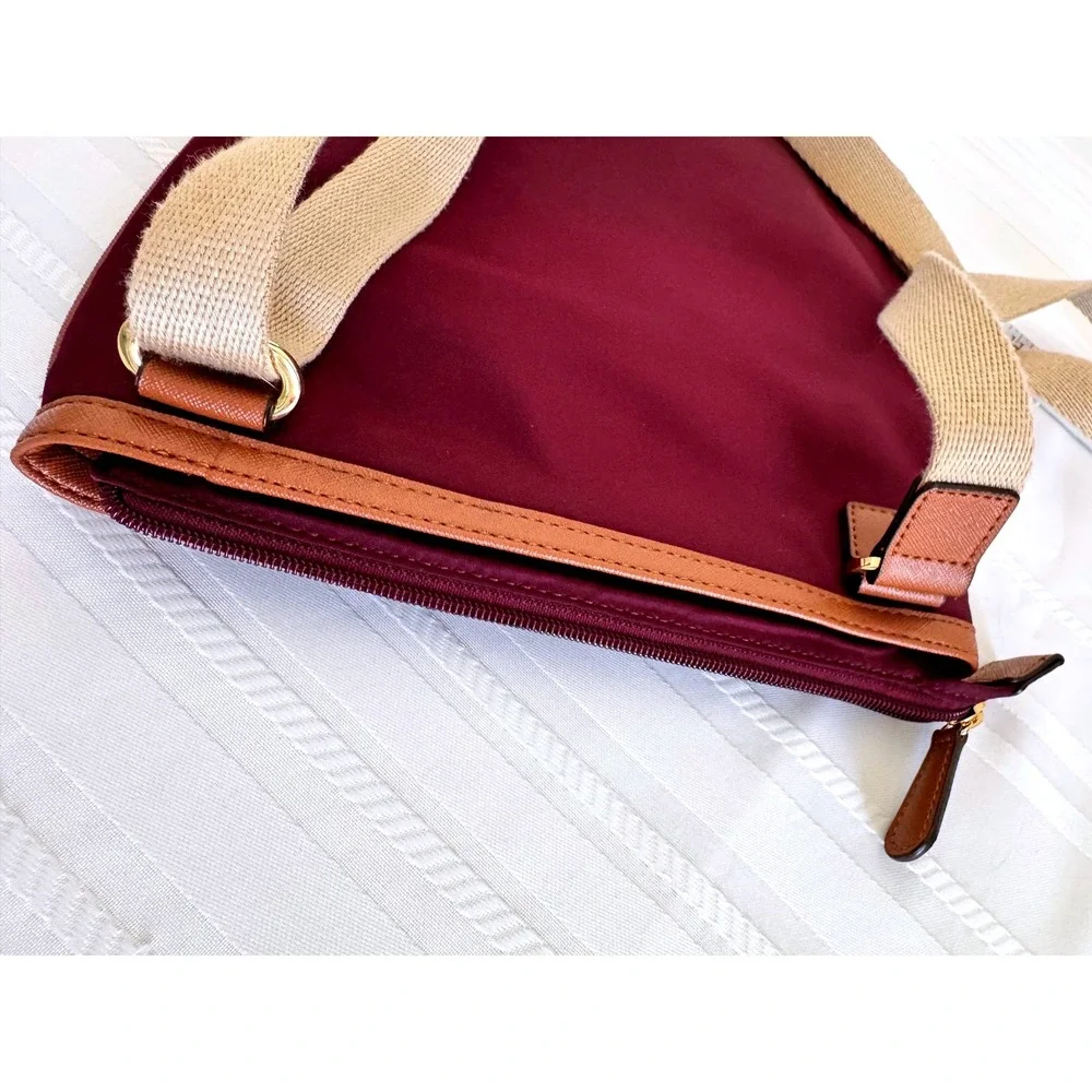 Michael Kors Burgundy Nylon Crossbody Bag Tan Leather Trim Gold Hardware AI-1205